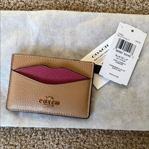 Coach Card Case in Tan with Pink Accent and Gold Logo